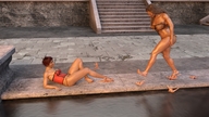 panties long_hair barefoot cleavage bra blood domination lying_down shrunken_men foot_crush pool running cruel women standing diving naked_men crlvr digital_render bodice
