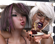 breasts nipples nude blonde long_hair handheld barefoot glasses sitting shrunken_woman women hugging manicure spawngts candle blowing digital_render dessert