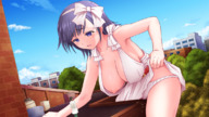 giantess masturbation cum blue_eyes cleavage buildings blue_hair huge_breasts short_hair bending_over looking_down outdoors hair_ribbon panties_pulled_aside hair_band