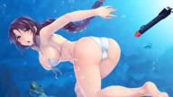 bikini breasts drawing giantess butt implied_insertion purple_hair brown_eyes underwater submarine implied_dildo scantily_clad apprehensive
