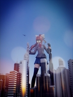 giantess mega long_hair clothed skirt buildings helicopter brunette outdoors jacket hair_bow thigh_highs glowing_eyes digital_render