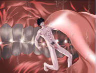 drawing nude vore black_hair tongue licking short_hair muscles shrunken_man imminent_vore