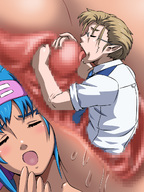 insertion nude blushing clit clothed licking glasses blue_hair open_mouth closed_eyes pointed_ears