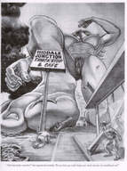 breasts drawing giantess nude pussy mega monochrome large_breasts long_hair destruction barefoot rampage story muscles outdoors imminent_vore held_over_mouth pinched