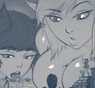 gentle blonde monochrome large_breasts long_hair tongue licking cleavage brunette shrunken_people looking_down stairs dice skull dungeons_and_dragons kononiko trapped_between between_breasts drawning roleplaying