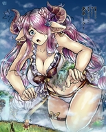bikini drawing giantess horns large_breasts long_hair pink_hair surprised looking_down japanese_text dialogue thick_thighs pointed_ears