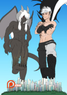 drawing white_hair giga tail wings city color giant penis demon red_eyes leather giants raised_foot stinky_feet horn imminent_crush spokle grey_skin