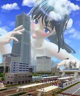 giantess blushing mega black_hair long_hair tongue saliva lying_down outdoors digital_render