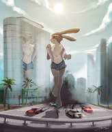 drawing giantess furry anthro city mega color destruction bunny smiling shorts walking vehicles reflection palm_trees undressing disney vehicle_crush running_away judy_hopps zootopia