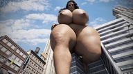 giantess nude black_hair long_hair huge_breasts low_angle looking_down outdoors thick_thighs digital_render dinner-kun