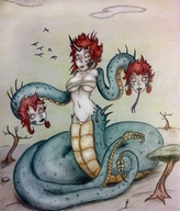 drawing giantess color large_breasts sword tree red_hair short_hair outdoors snake_girl monster_girl horn grey_skin extra_heads