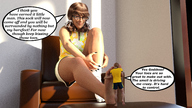 long_hair barefoot glasses brunette story foot_worship pigtails shorts shrunken_man looking_down pinned under_foot top dialogue digital_render
