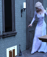 gentle blonde long_hair clothed dress shrunken_man looking_down standing runswithferrets braid door lamppost digital_render