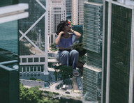 giantess collage city jeans asian sunglasses looking_up outdoors necklace bracelet airraid sittng