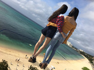 gentle giantess collage black_hair long_hair clothed beach ocean high_heels jeans asian shorts lesbians standing onlookers embrace airraid