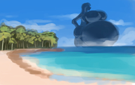 drawing giantess long_hair ocean huge_breasts island bbw hands_on_hips big_belly