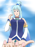 drawing long_hair blue_eyes clothed handheld blue_hair smiling shrunken_man looking_down giantwaifus konosuba aqua_(konosuba)
