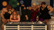 giantess city blonde black_hair long_hair clothed huge_breasts brunette smiling red_hair short_hair bbw muscles looking_down giantesses outdoors tattoo necklace earrings rooftop digital_render