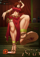 drawing crush feet color clothed blood gore shrunken_men sandals foot_crush nintendo cruel video_game thighs indoors raised_foot spokle bare_legs bare_midriff scantily_clad project_octopath_traveler primrose