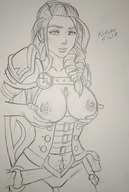 drawing monochrome large_breasts long_hair armor looking_down corset braid no_background kasumikills belts between_breasts