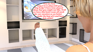 blonde story short_hair sitting between_legs running shrunken_man looking_down between_toes indoors pointing dialogue digital_render