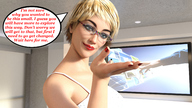 blonde handheld glasses story short_hair shrunken_man looking_down in_hand dialogue digital_render
