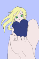 drawing giantess blonde color long_hair swimsuit barefoot green_eyes low_angle standing point_of_view mutwillantskid