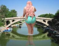 giantess collage long_hair swimsuit bridge pink_hair boats outdoors