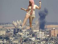 giantess collage city large_breasts long_hair destruction pink_hair looking_down smoke outdoors bracelet