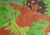 drawing nipples giantess black_hair huge_breasts brown_eyes bbw areola dark_skin native tied_down grass_skirt hulagirlcomix