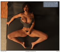 breasts nipples gentle nude pussy masturbation aroused long_hair sex barefoot pubic_hair cleavage bed brunette lying_down kneeling shrunken_man bedroom digital_render openhighhat narration