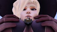 blonde long_hair looking_down digital_render cupping_breasts overwatch widowmaker mercy_(overwatch) between_breasts