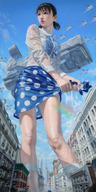drawing giantess blushing city black_hair skirt wet short_hair pigtails walking outdoors rainbow transparent_clothing