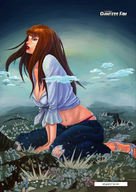 panties city mega long_hair destruction clothed cleavage high_heels buildings butt_crush jeans brunette sitting shirt giantessfan ripped_clothing bare_midriff