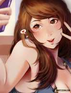 drawing gentle blushing color long_hair cleavage brunette smiling shrunken_man cellphone giantessfan source_needed on_shoulder a_weekend_alone selfie sarah_leheron neil_proctor jieun