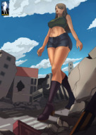 drawing nipples giantess city color long_hair destruction clothed brunette boots navel shorts walking top giantessfan bare_midriff