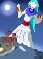 drawing long_hair clothed ocean blue_hair boats robe earrings glowing_eyes no_pupils