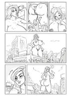 breasts drawing growth giantess vore comic monochrome long_hair butt destruction huge_breasts outgrowing_building indoors ripped_clothing pointing panels thick_thighs cramped