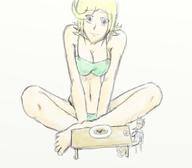 bikini drawing blonde large_breasts short_hair sitting table looking_down no_background