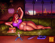 drawing panties large_breasts long_hair red_hair lying_down shrunken_man open_mouth cigarette indoors candy top eiffel_tower bigbig