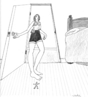 drawing monochrome barefoot low_angle short_hair shorts bikini_top