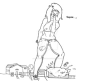 drawing monochrome long_hair destruction topless looking_down outdoors ripped_clothing
