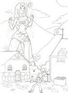 drawing growth giantess monochrome long_hair destruction surprised outdoors ripped_clothing