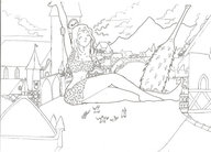 drawing giantess city monochrome large_breasts cleavage sitting outdoors stretching crowds skimpy_clothing club