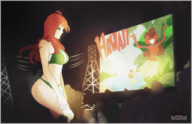 bikini drawing giantess large_breasts long_hair red_hair outdoors billboard