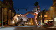 drawing giantess panties city black_hair dress short_hair outdoors kicking bigbig