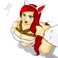 drawing large_breasts long_hair blue_eyes butt_crush red_hair sitting open_mouth league_of_legends katarina garen no_background