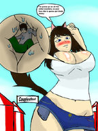 drawing giantess tail large_breasts clothed cleavage brunette sweat couple shrunken_man wolfgirl roller_coaster between_breasts