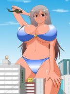 bikini drawing giantess city helicopter huge_breasts purple_eyes voluptuous grey_hair thick_thighs