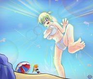 drawing growth giantess huge_breasts sweat green_hair red_hair short_hair twintails looking_down umbrella